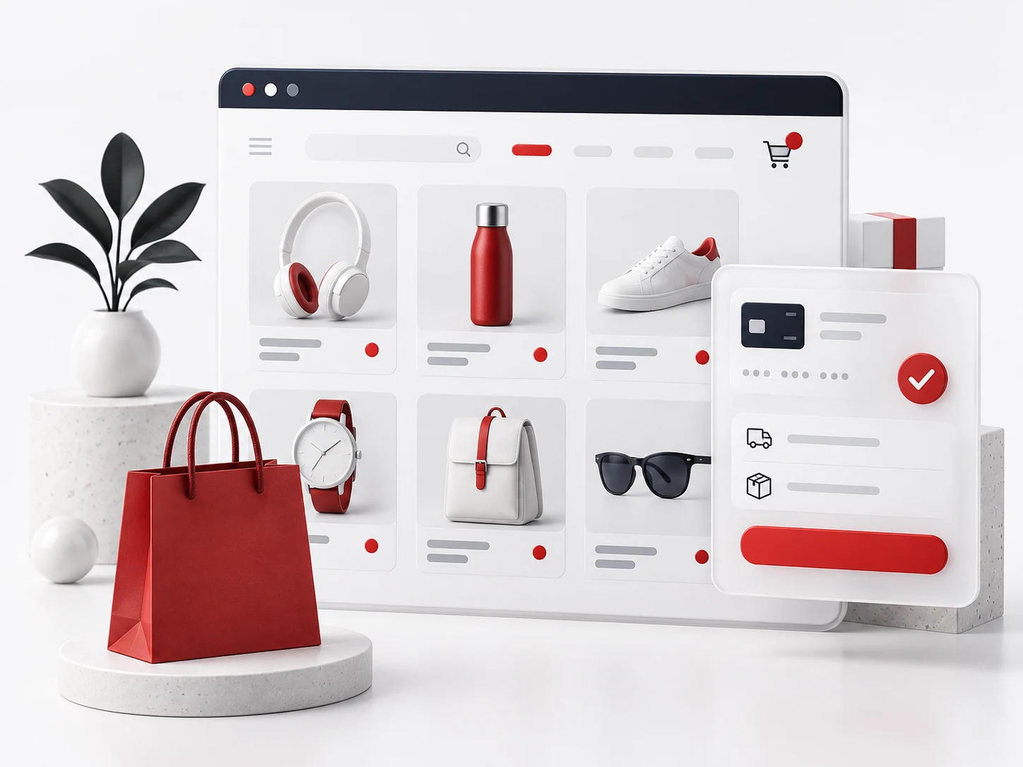 Digital storefront with product cards and a shopping bag
