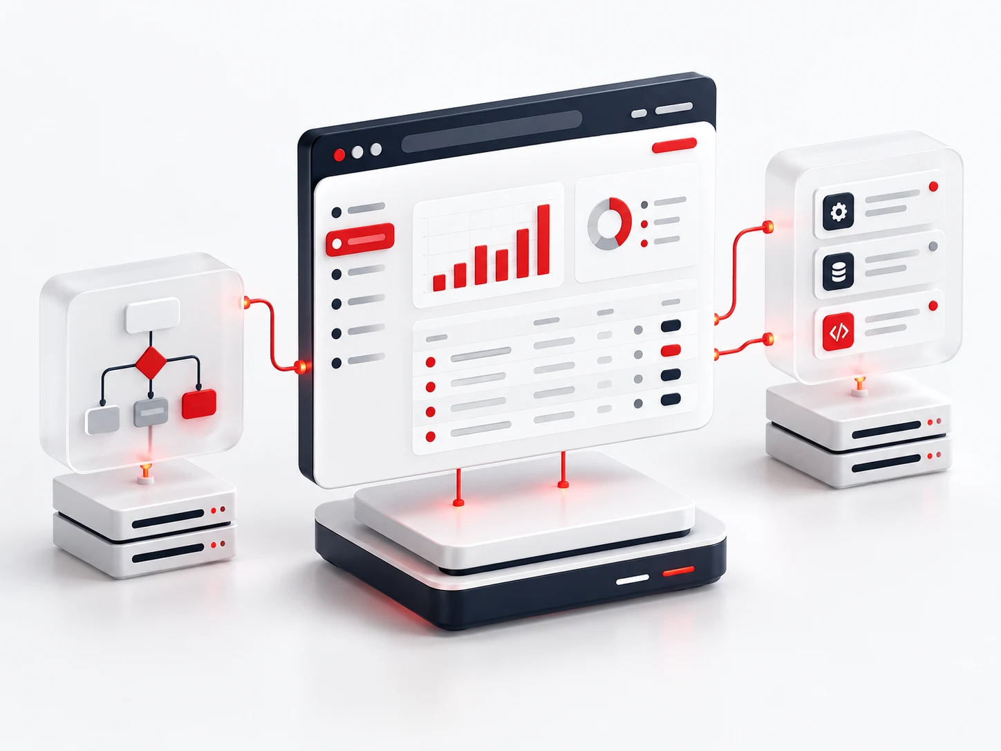 Connected dashboard modules representing a custom web application