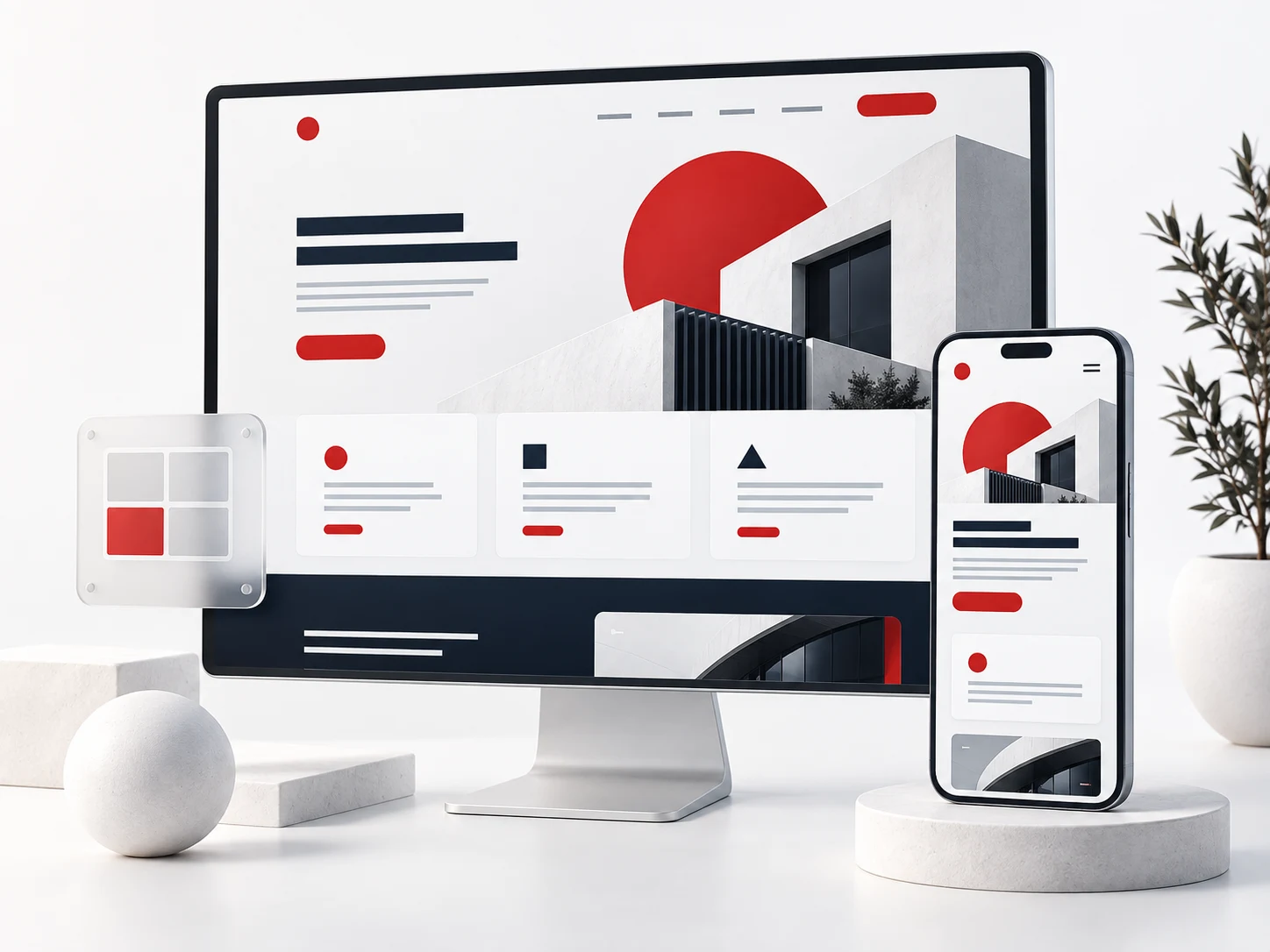 Responsive website interface shown across desktop and mobile screens